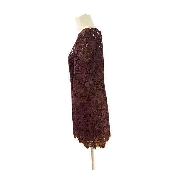 Loft Shift Dress Womens Size 8 Fig Maroon Lace Floral 3/4 Sleeve Back Zipper - Picture 6 of 8